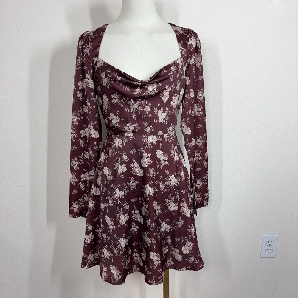Lulus Dress Womens Small Floral Satin Fit Flare Mini Cowl Neck Party Wedding